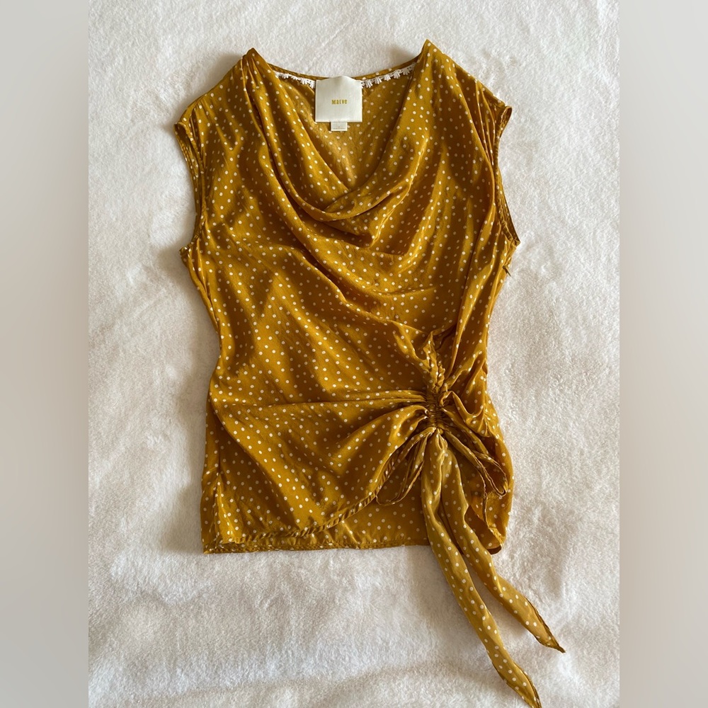 Maeve 100% silk blouse yellow polka dot | ruched | anthro | size 4